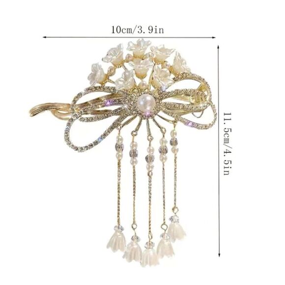 ✨🆕✨ Romantic Elegant Gold Pearl Lily Flower Tassel Hair Clip Pin 🎀✨ - Picture 7 of 9